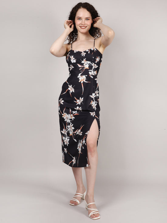 Black Front Pleat Midi Dress