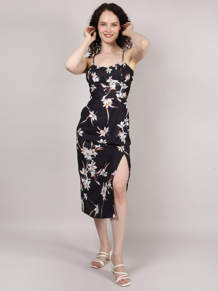 Black Front Pleat Midi Dress