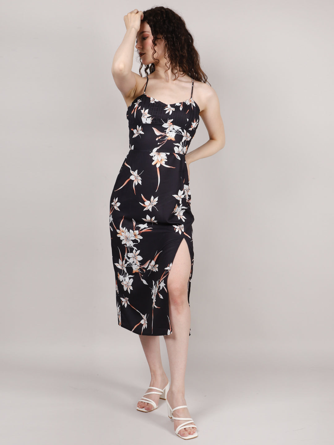 Black Front Pleat Midi Dress
