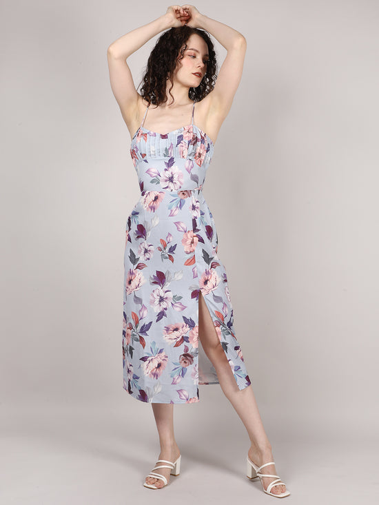 Blue Front Pleat Midi Dress