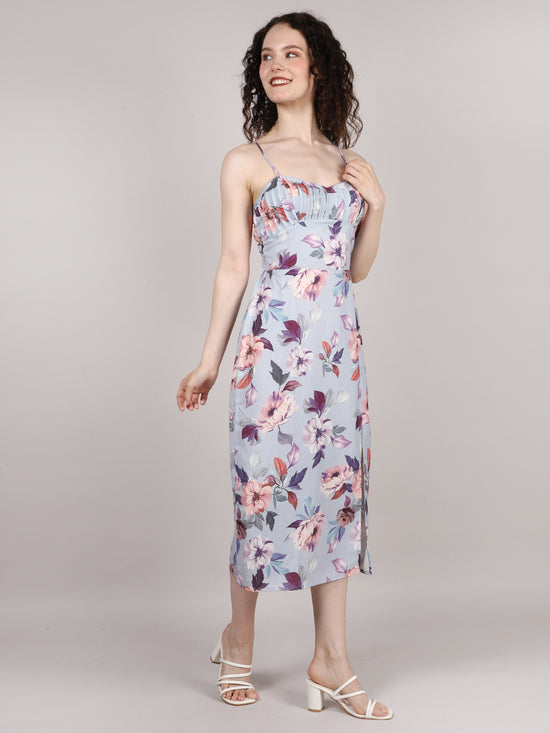 Blue Front Pleat Midi Dress
