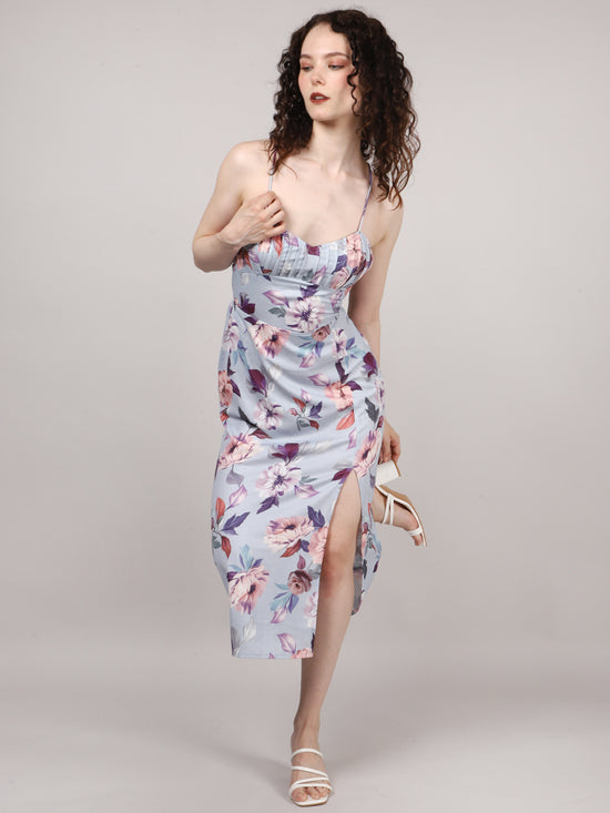 Blue Front Pleat Midi Dress