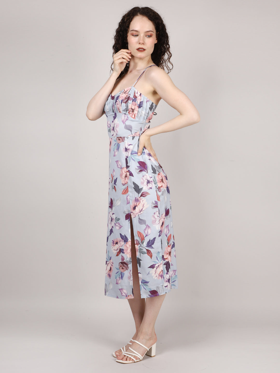 Blue Front Pleat Midi Dress