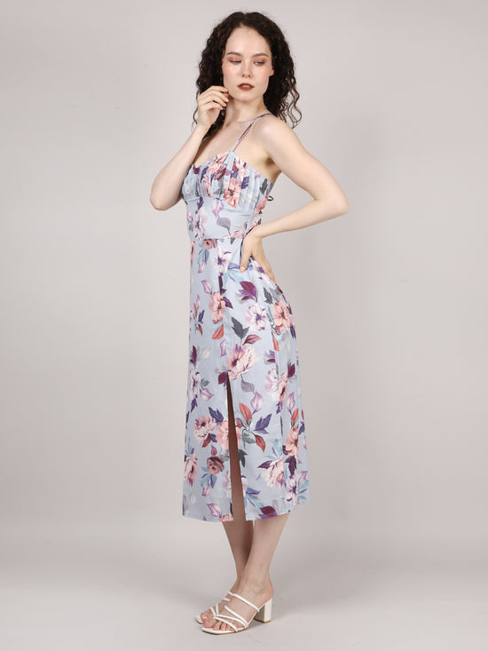 Blue Front Pleat Midi Dress
