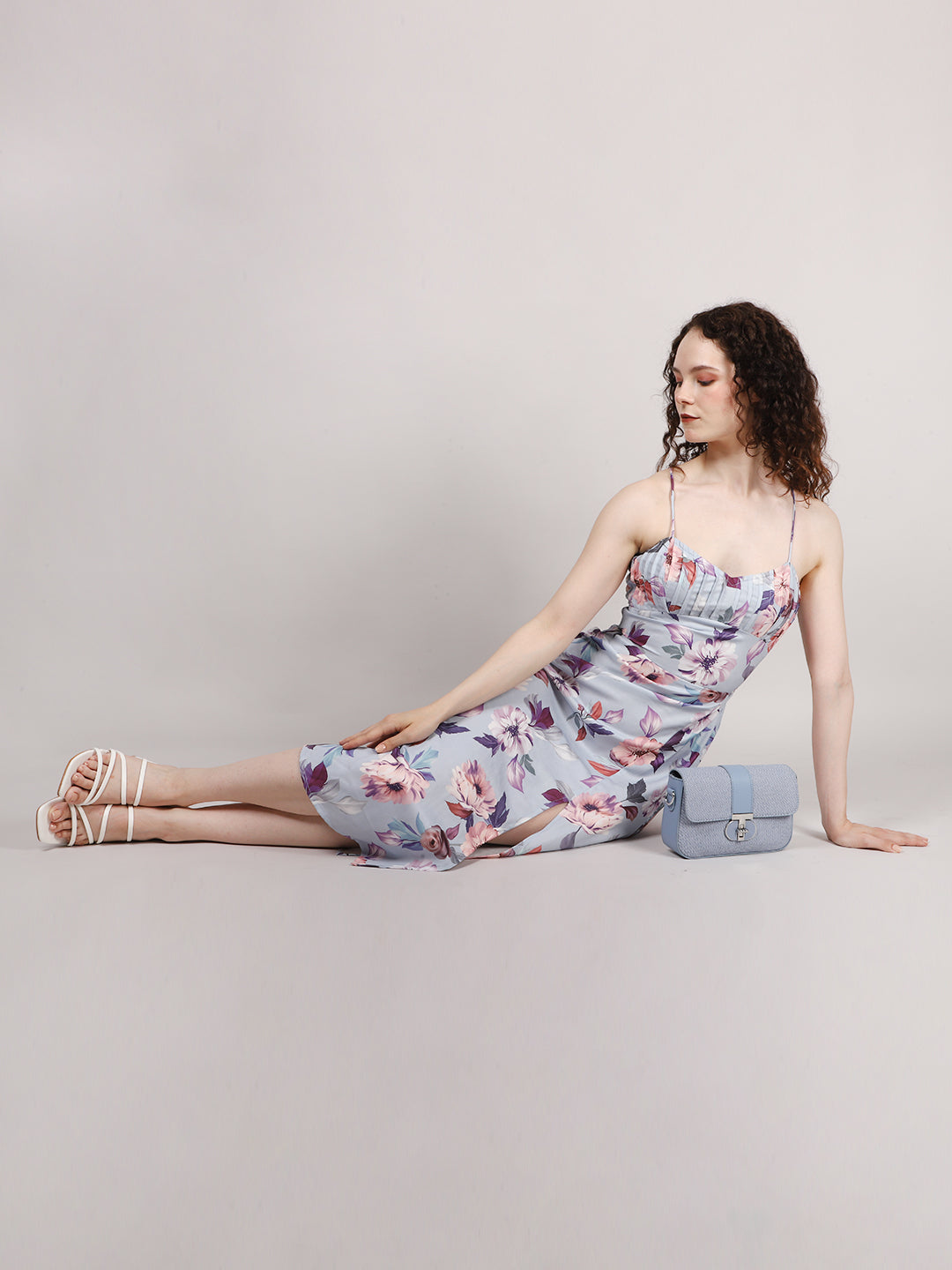 Blue Front Pleat Midi Dress