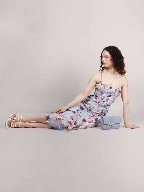 Blue Front Pleat Midi Dress
