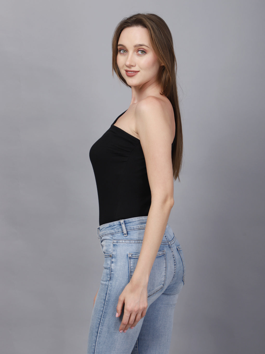 BLACK GATHERED FRONT BODYSUIT