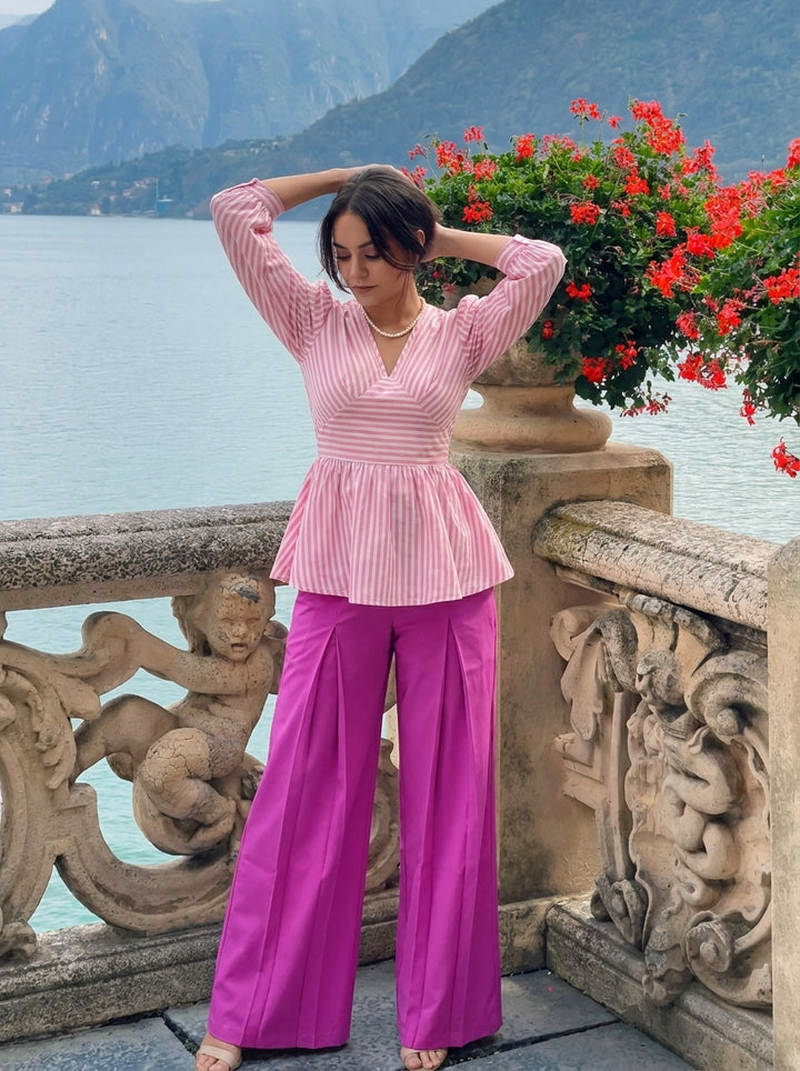 Playful Stripe Peplum Top & Wide-Leg Pants Co-Ord Set