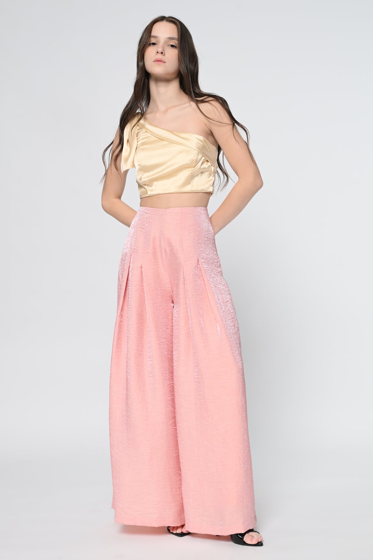 Beige Satin One Shoulder Top