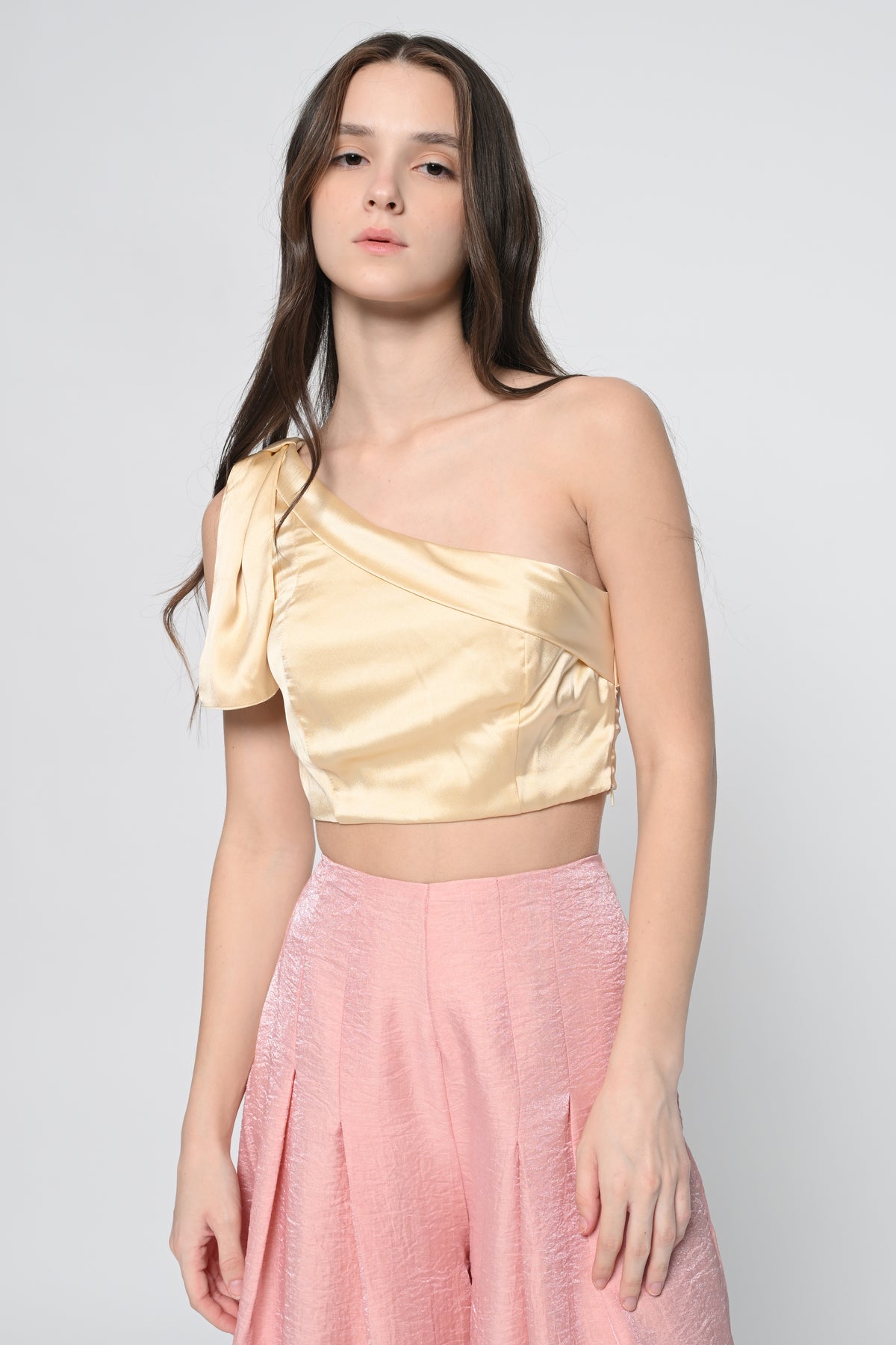 Beige Satin One Shoulder Top