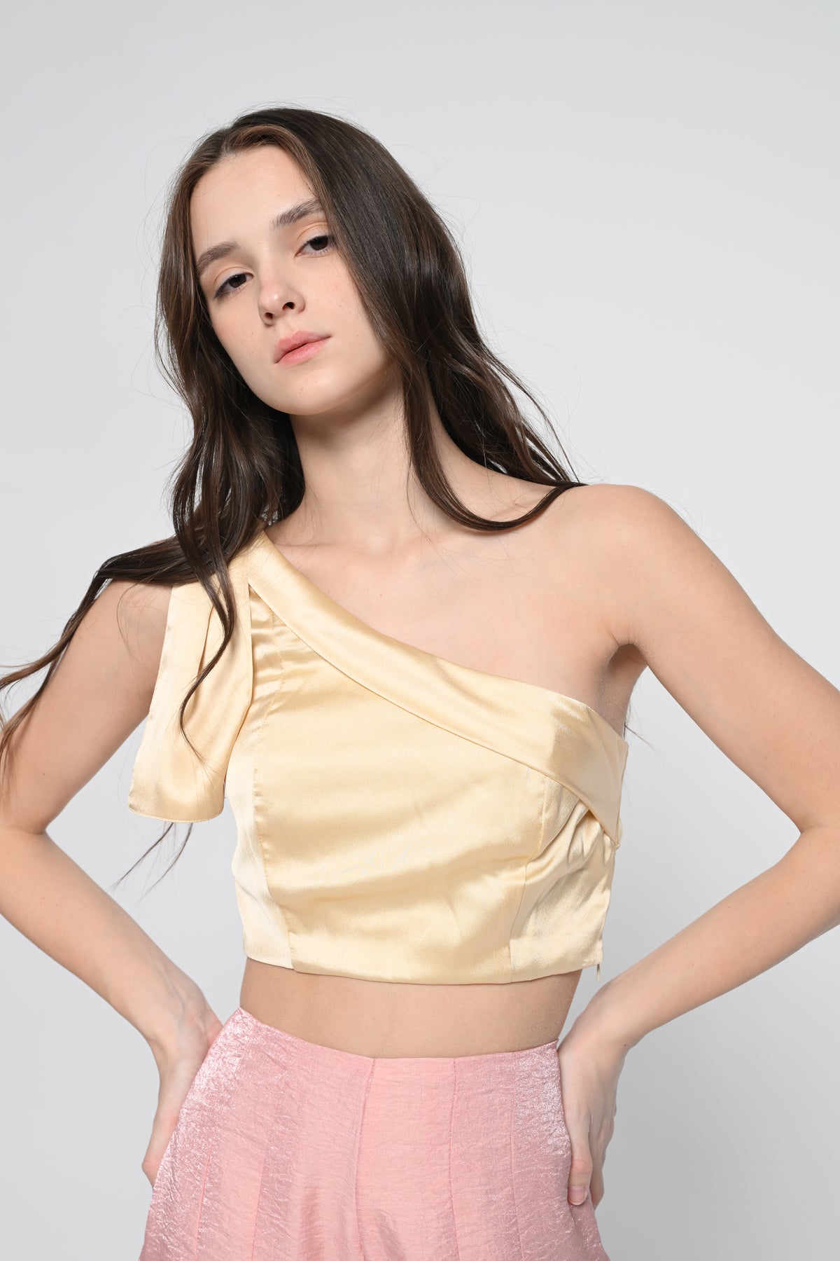Beige Satin One Shoulder Top