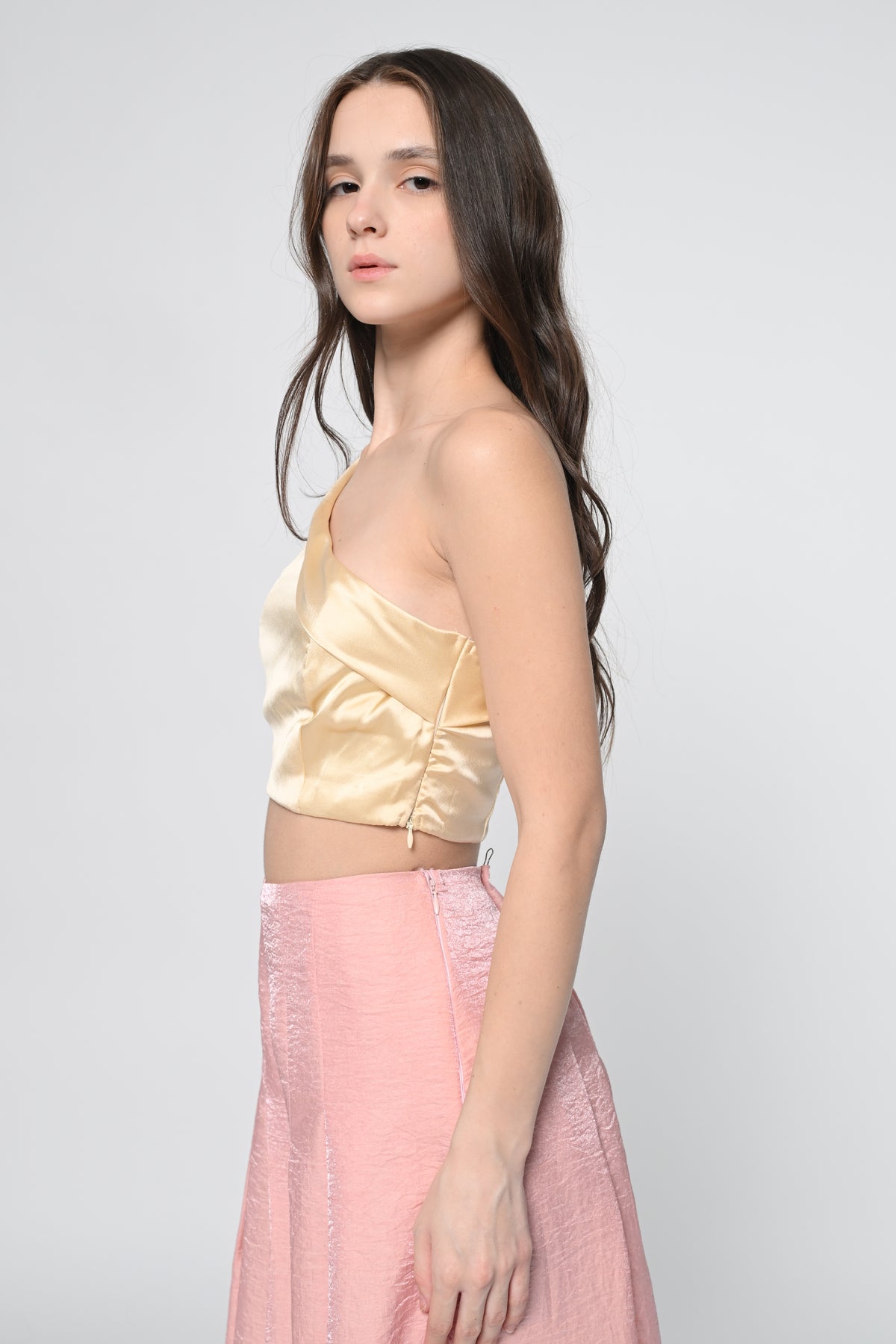 Beige Satin One Shoulder Top