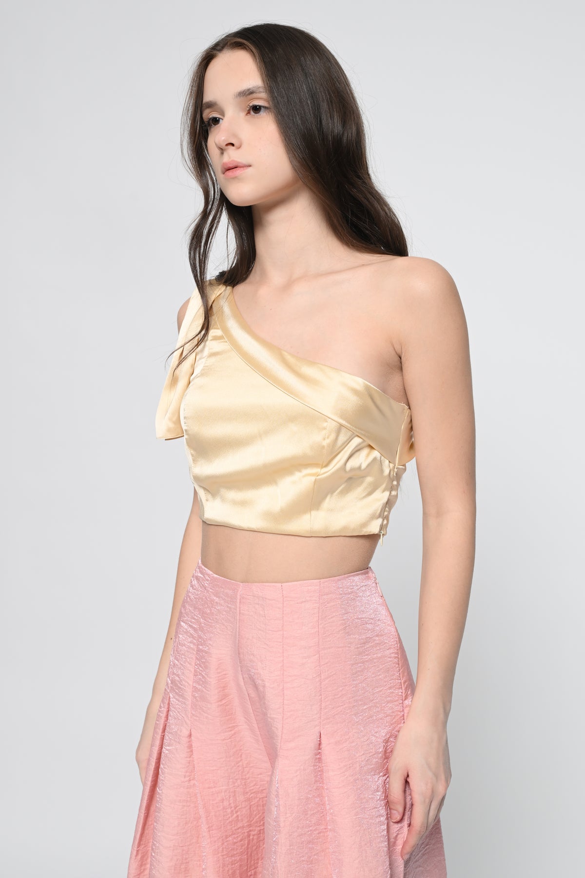 Beige Satin One Shoulder Top
