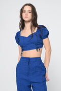 Blue Schiffli Puff Sleeve Crop Top
