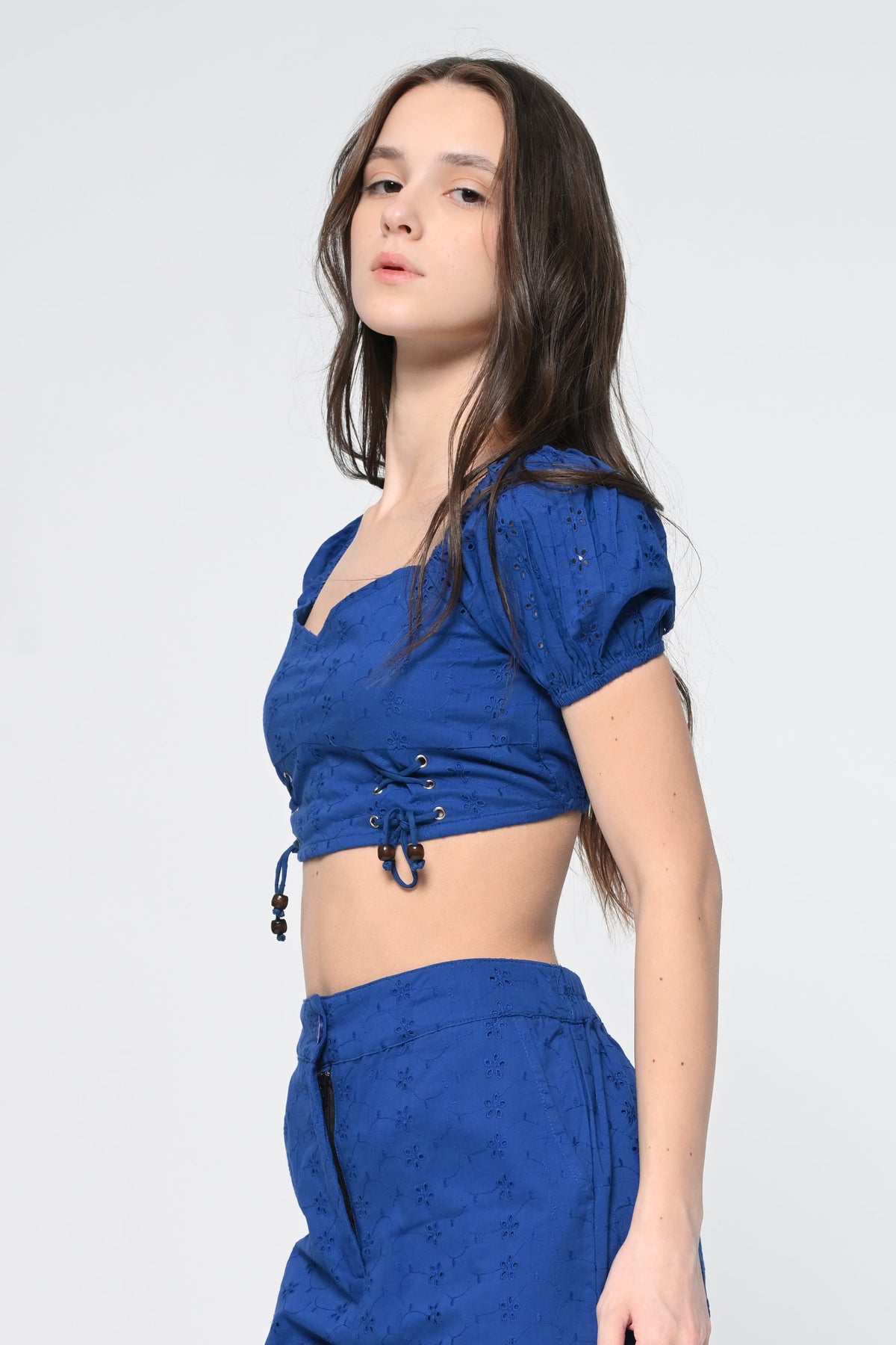 Blue Schiffli Puff Sleeve Crop Top