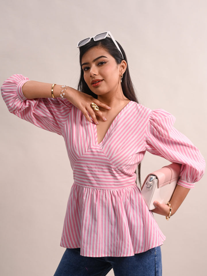 Playful Stripe Peplum Top & Wide-Leg Pants Co-Ord Set