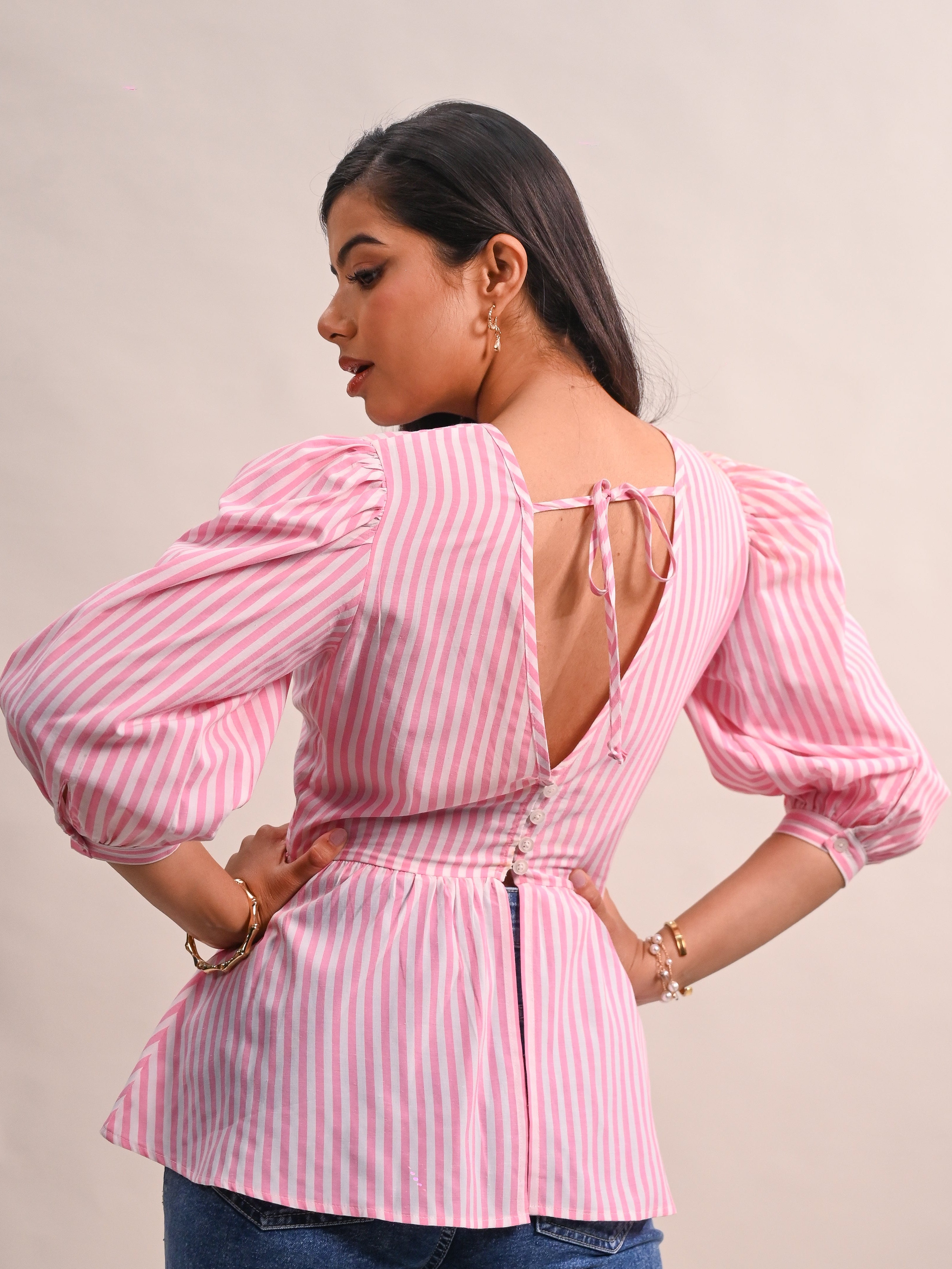 Playful Stripe Peplum Top & Wide-Leg Pants Co-Ord Set