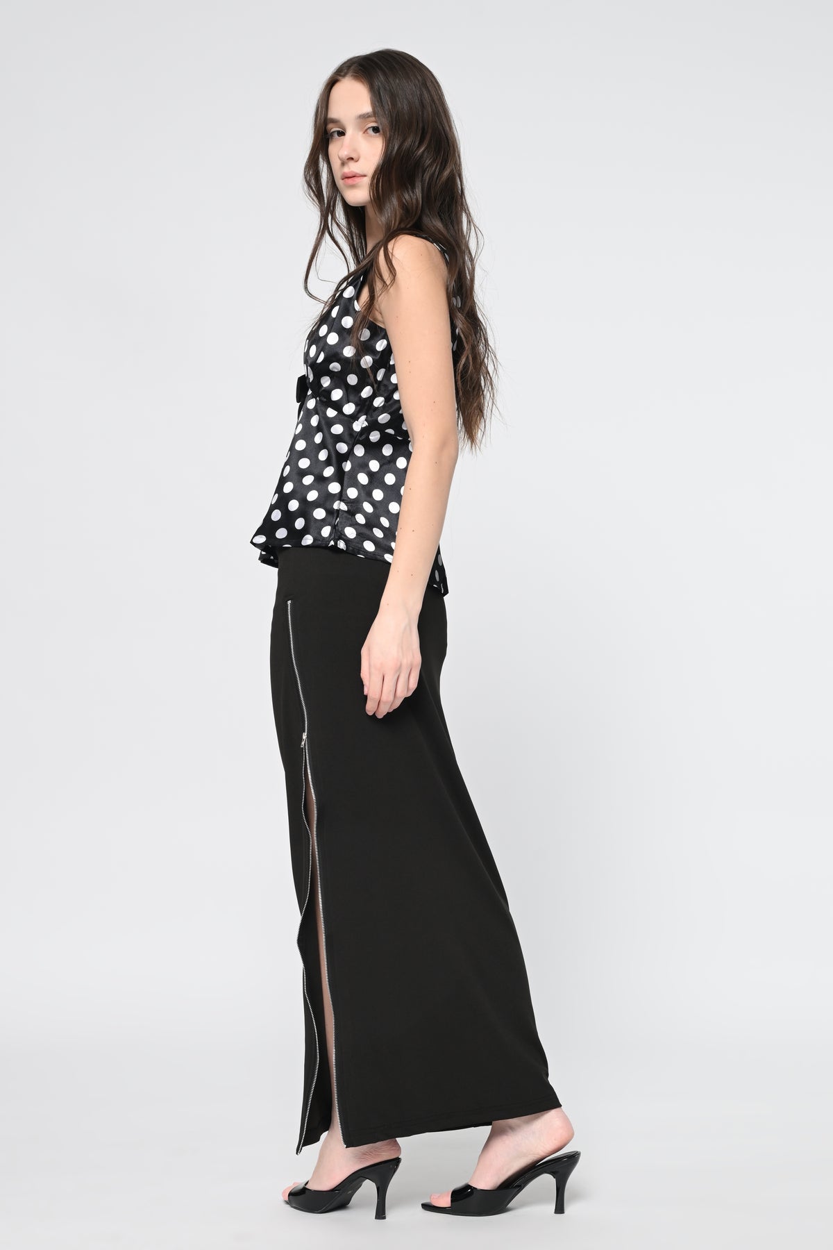 Polka dot top and Side Slit Zipper Skirt Co-ord Set