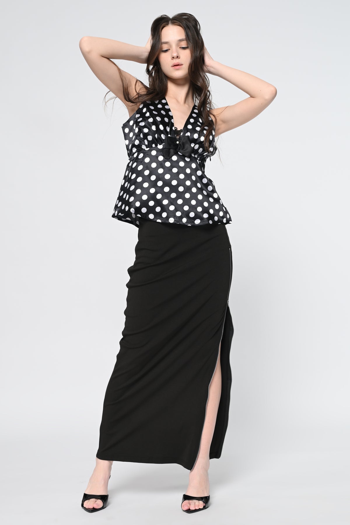 Polka dot top and Side Slit Zipper Skirt Co-ord Set