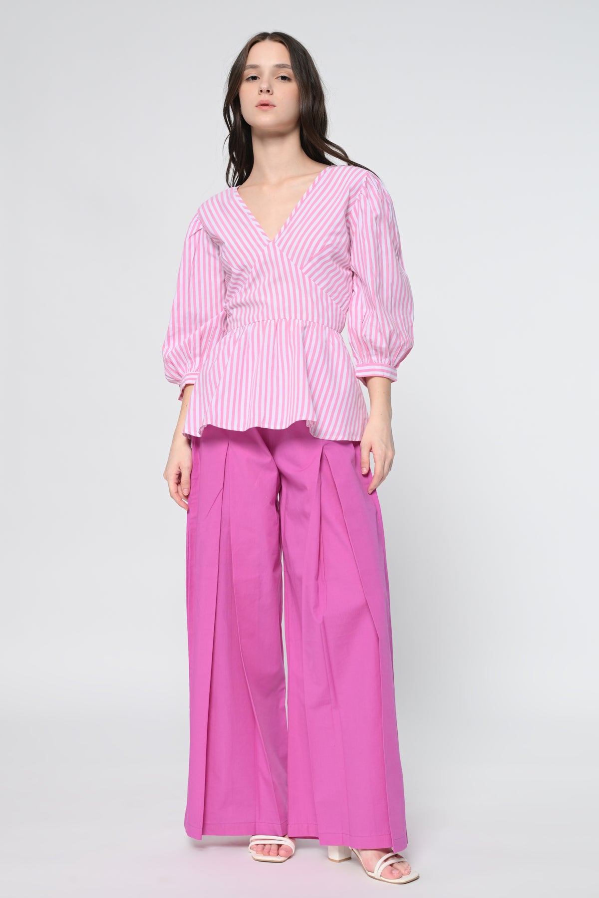 Playful Stripe Peplum Top & Wide-Leg Pants Co-Ord Set