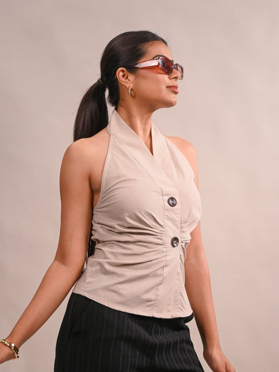 Nude Pinstripe Halter Neck Top