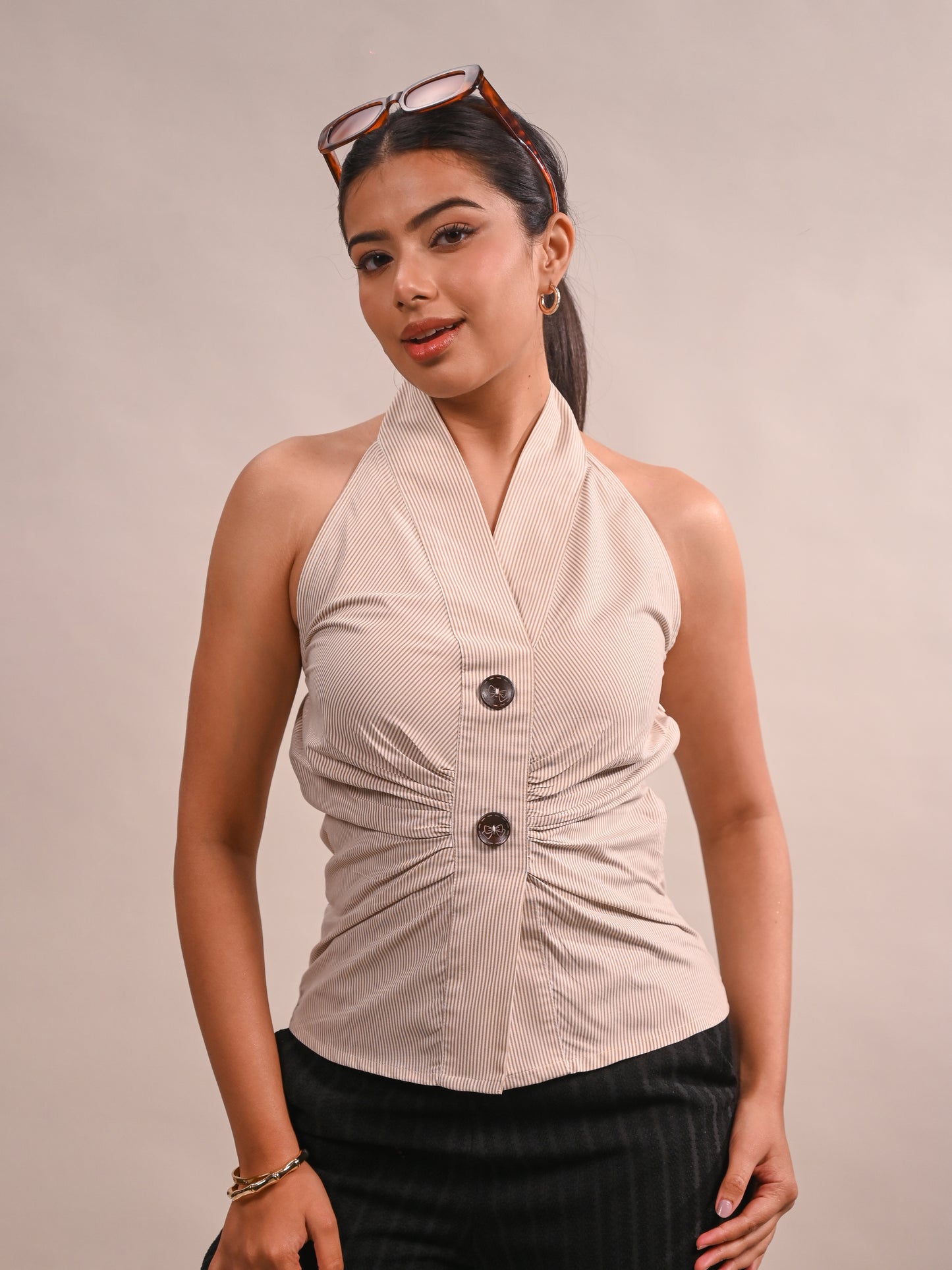 Nude Pinstripe Halter Neck Top