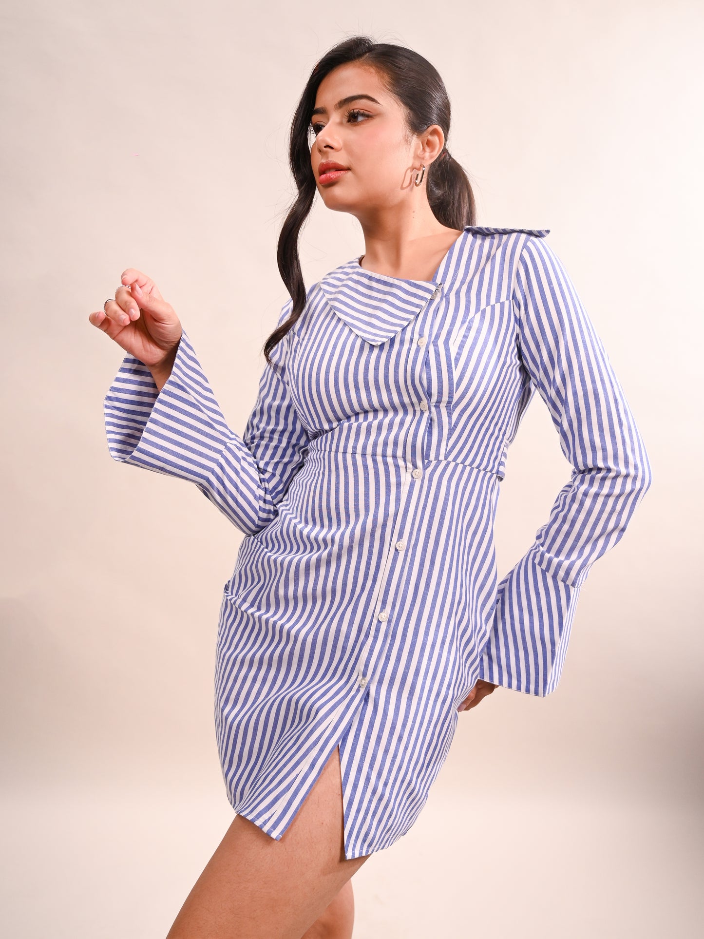 Asymmetric Collar Striped Shirt Dress
