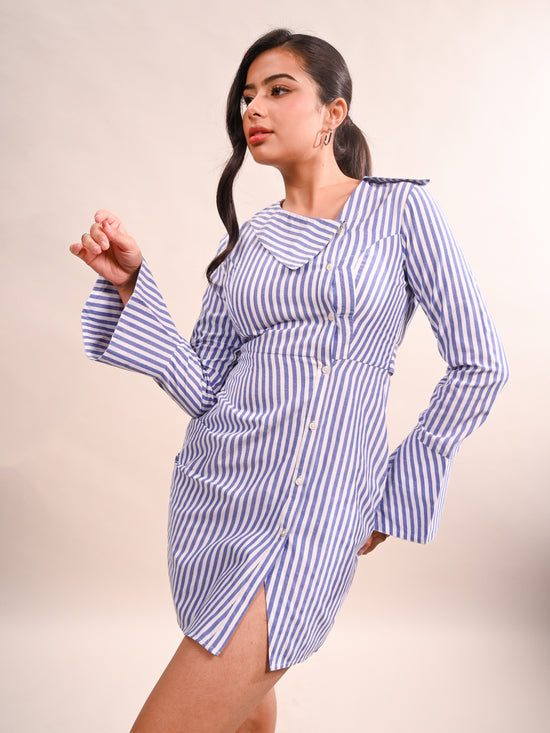 Asymmetric Collar Striped Shirt Dress