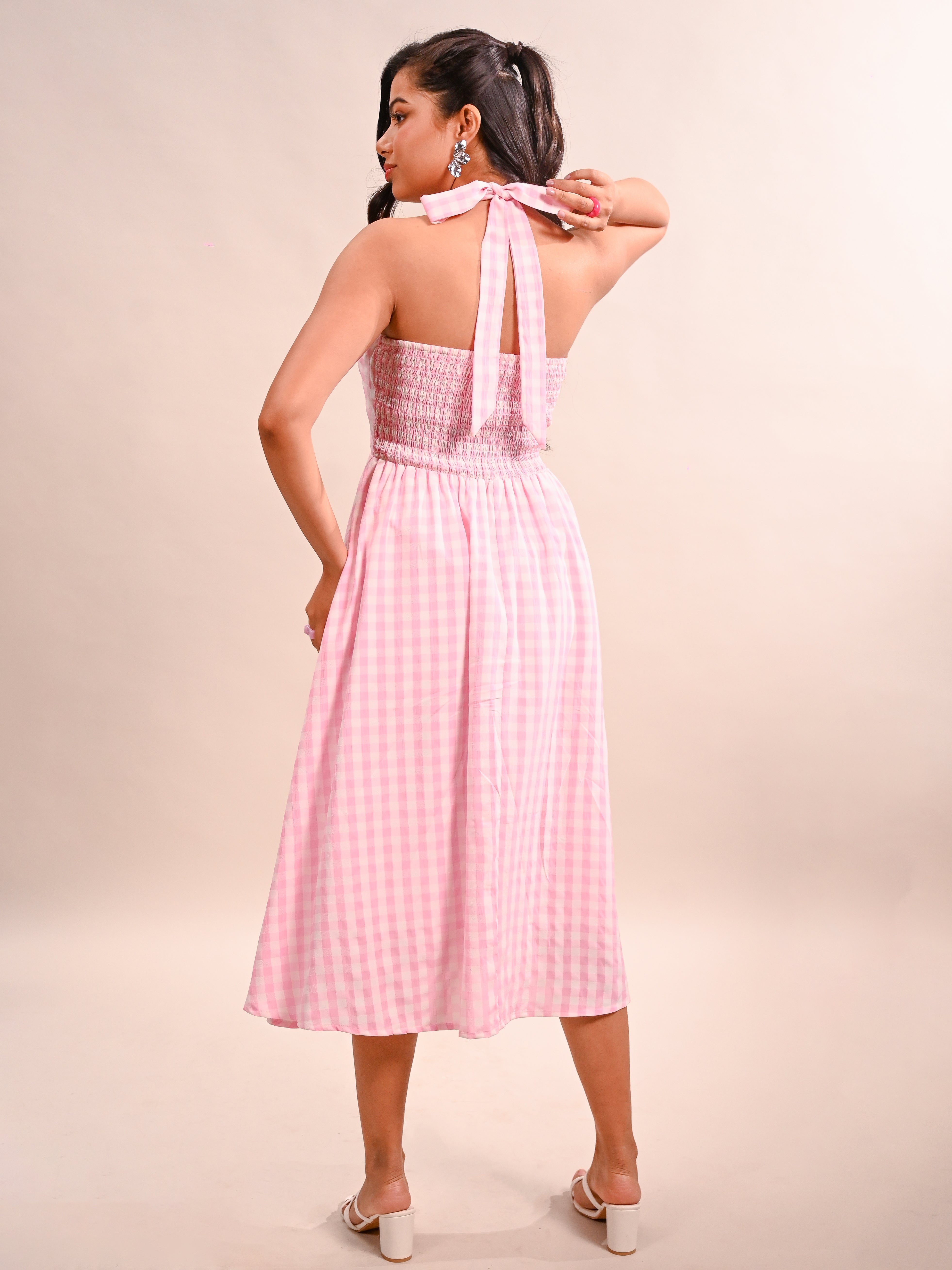 Gingham Halter Neck Flared Dress
