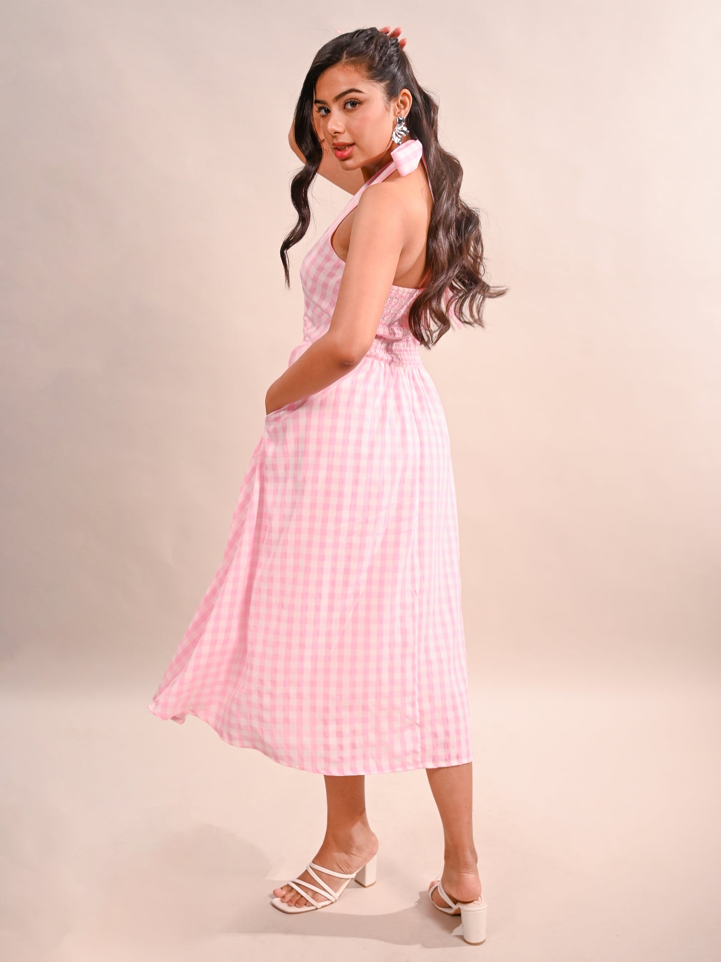 Gingham Halter Neck Flared Dress