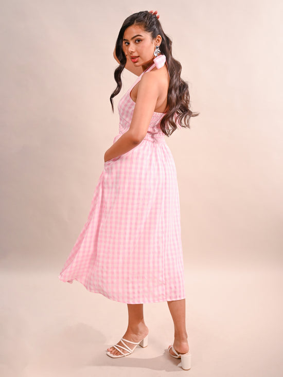 Gingham Halter Neck Flared Dress