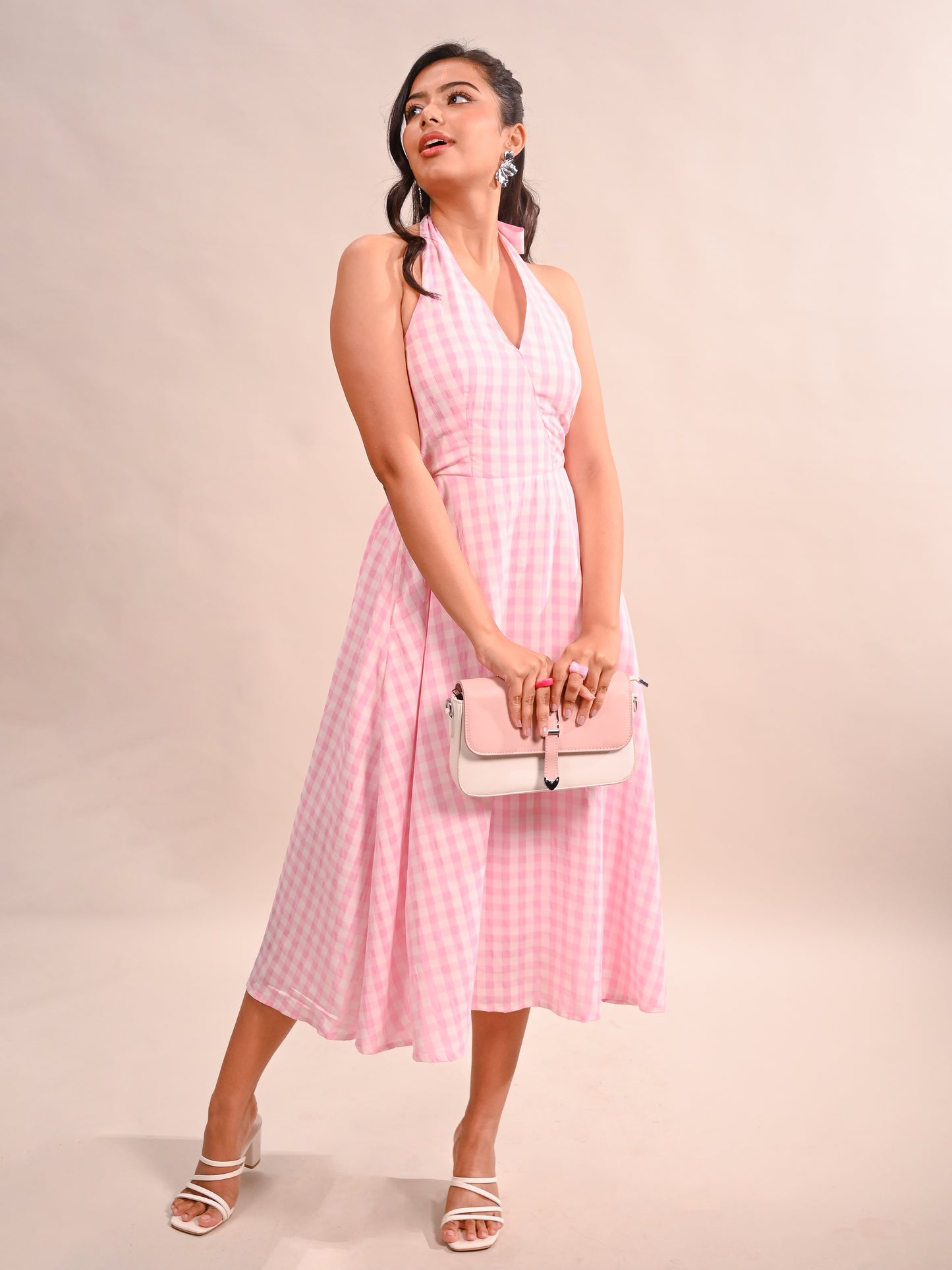 Gingham Halter Neck Flared Dress