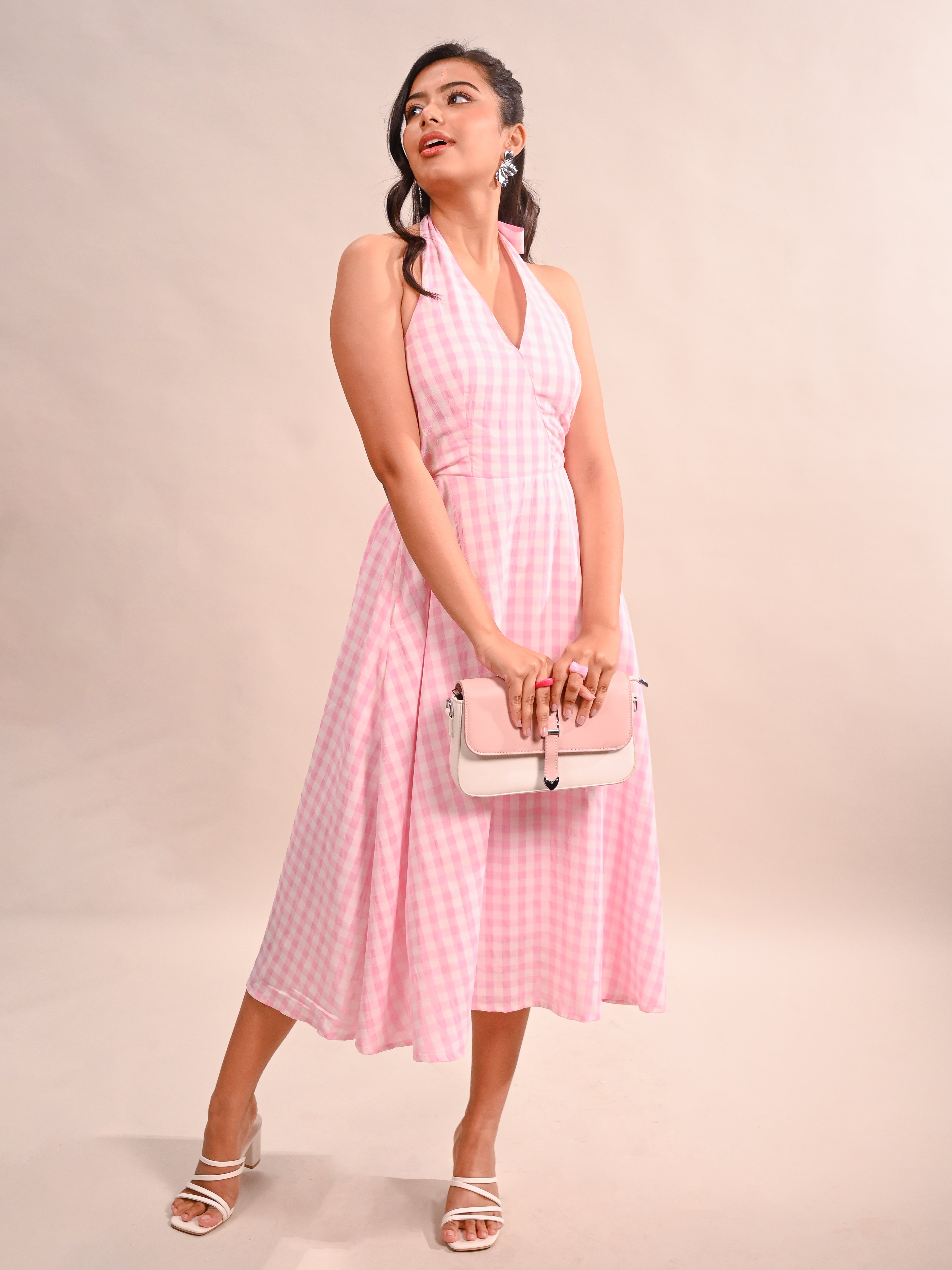 Gingham Halter Neck Flared Dress