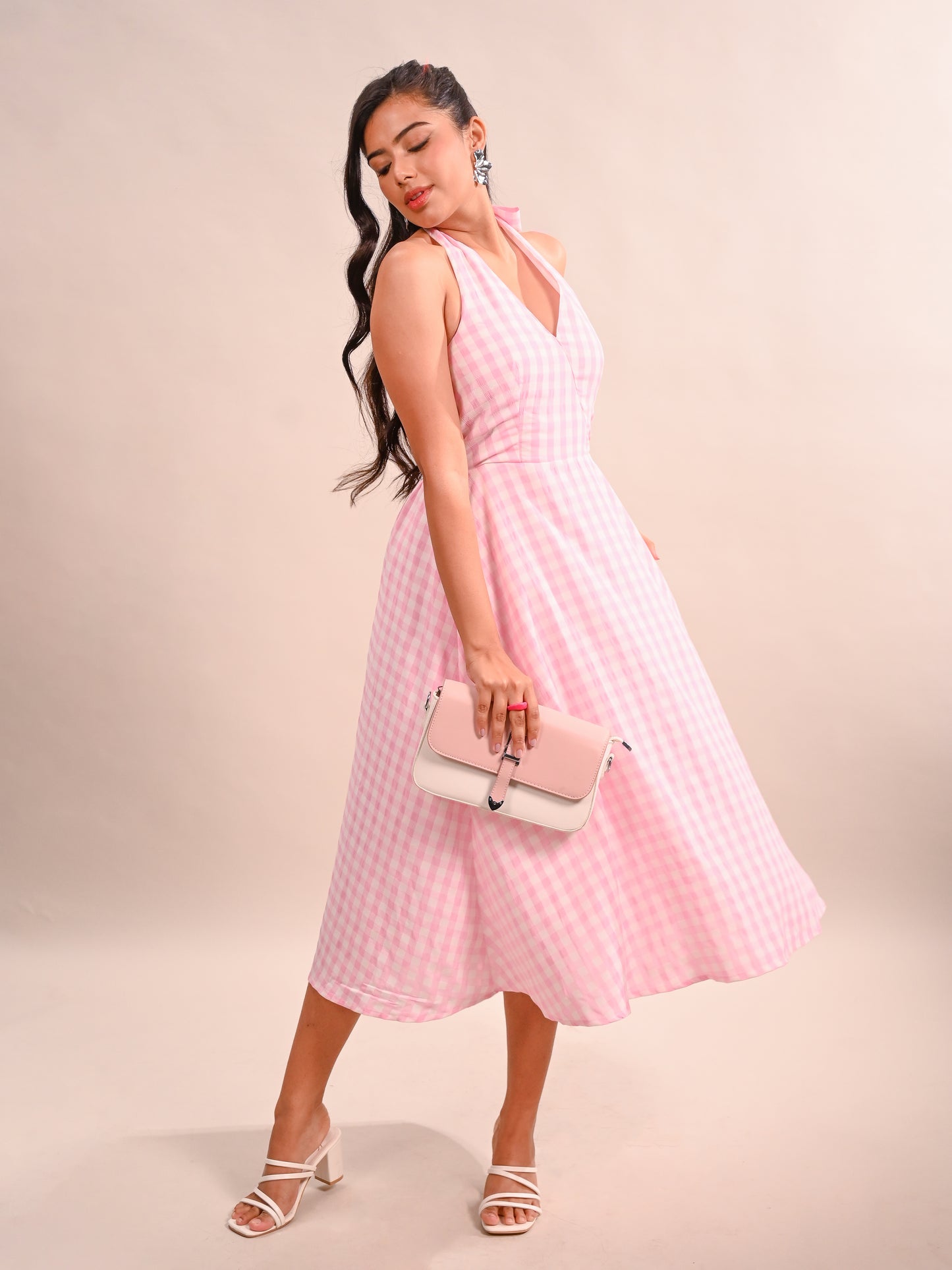 Gingham Halter Neck Flared Dress
