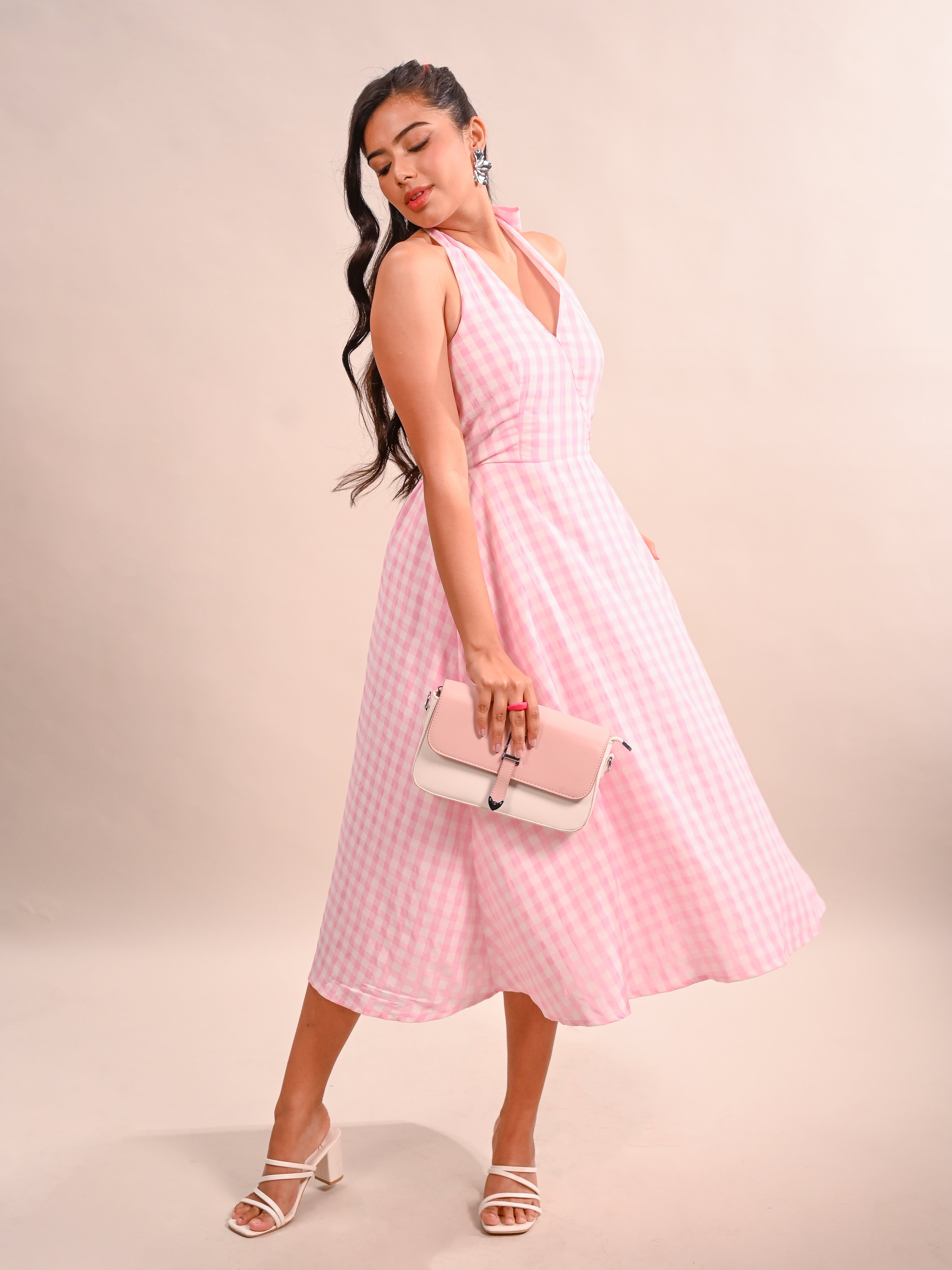 Gingham Halter Neck Flared Dress