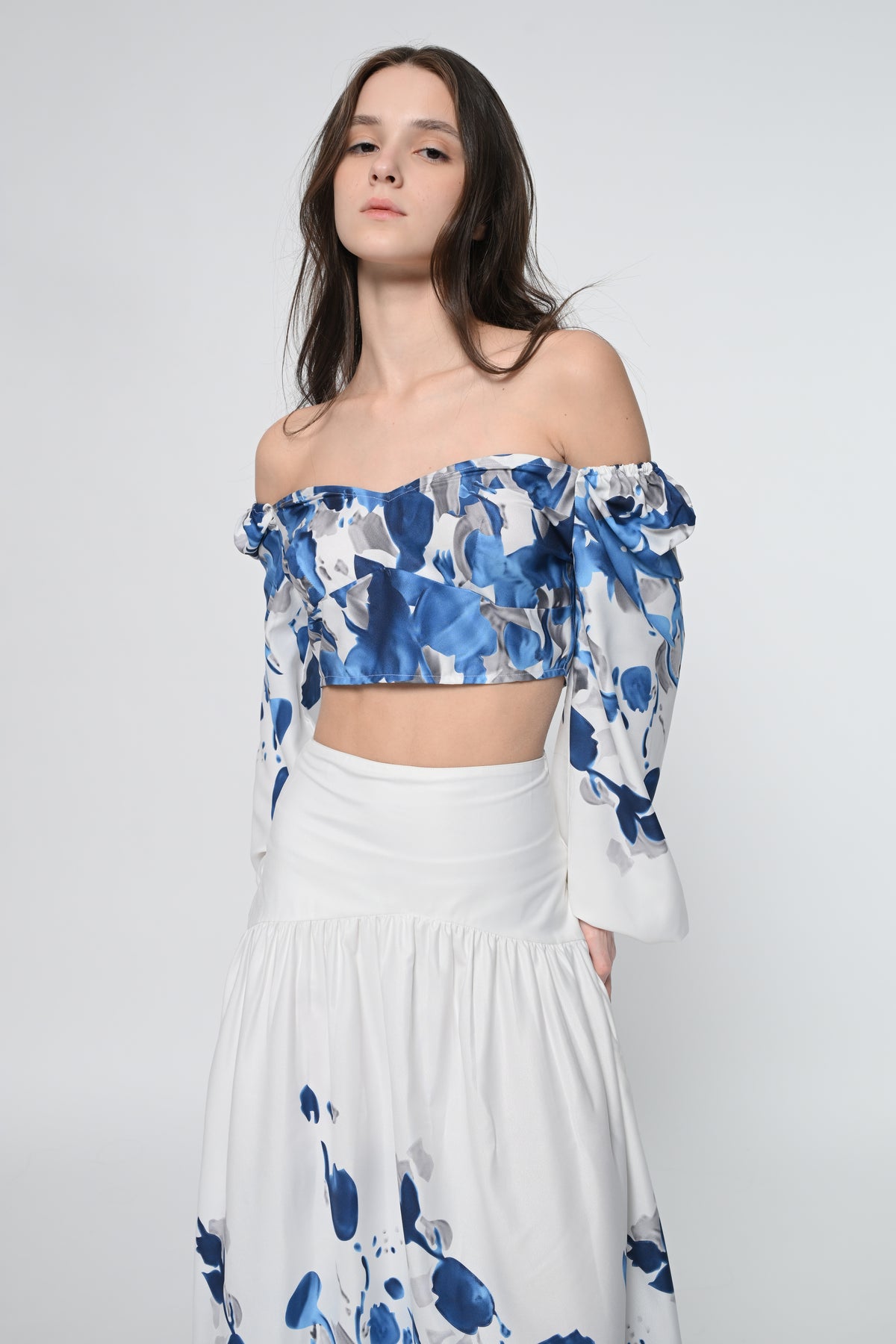 White Leaf Print Top With Skirt Cord Set