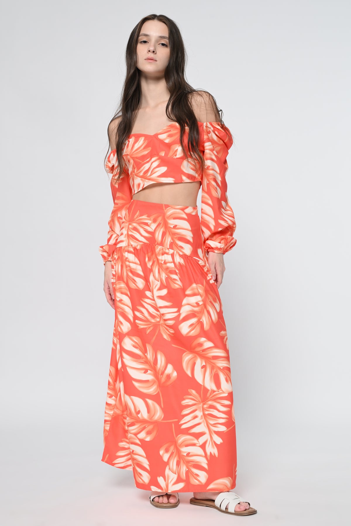 Orange Leaf Print Top With Skirt Cord Set