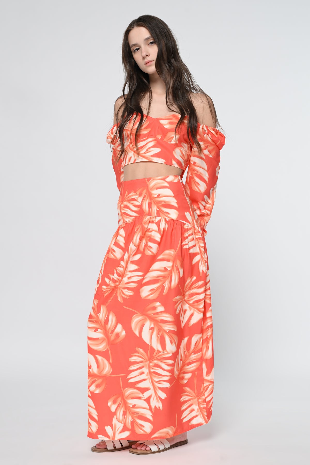 Orange Leaf Print Top With Skirt Cord Set
