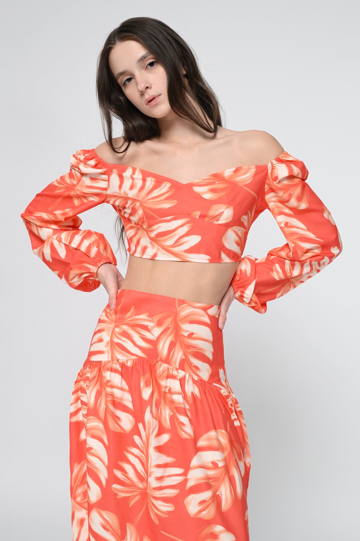Orange Leaf Print Top With Skirt Cord Set