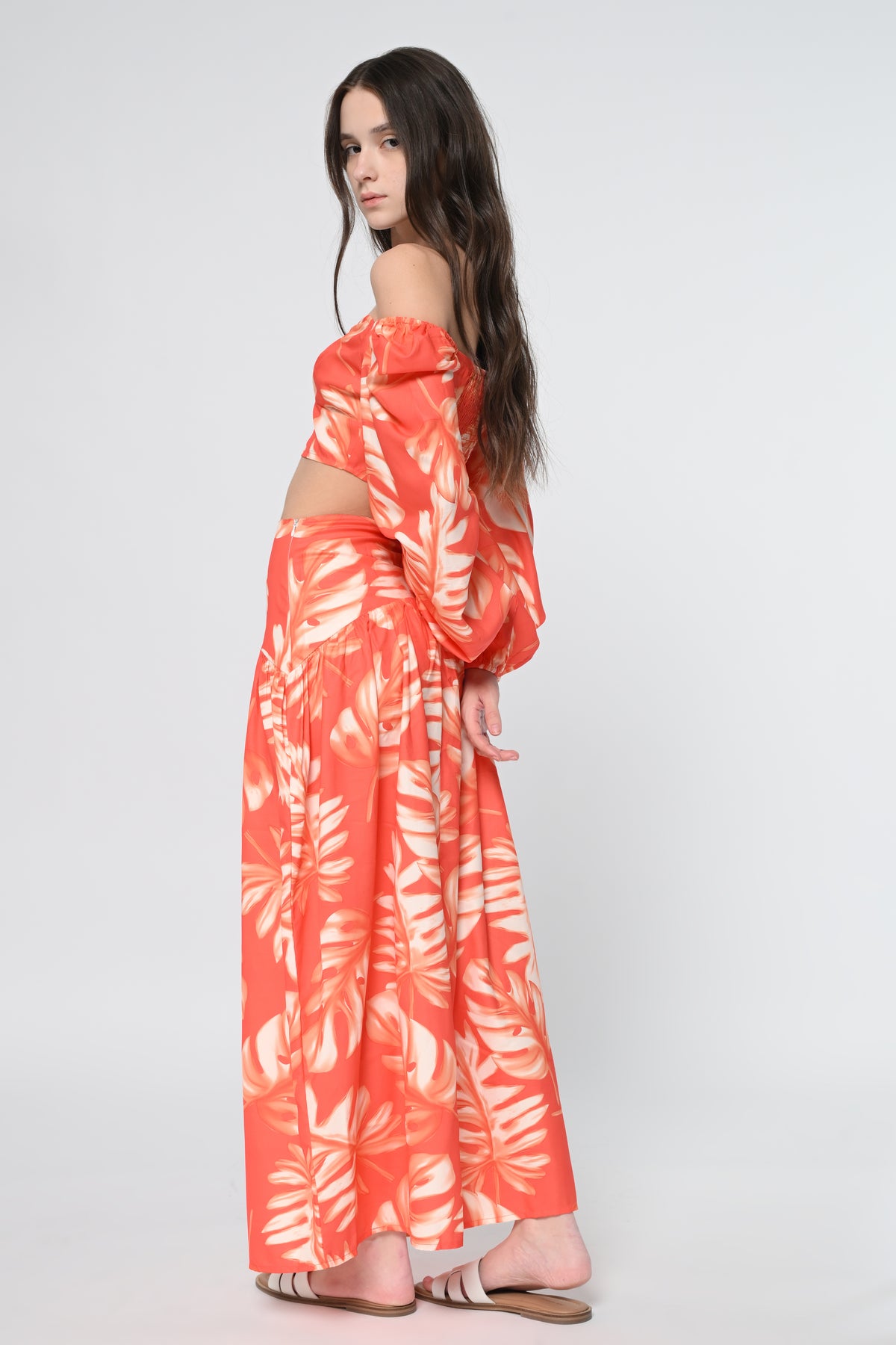 Orange Leaf Print Top With Skirt Cord Set