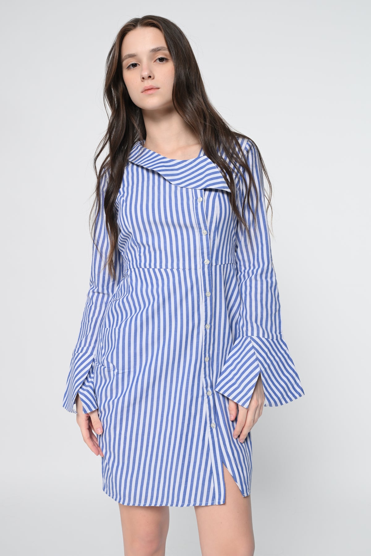 Asymmetric Collar Striped Shirt Dress