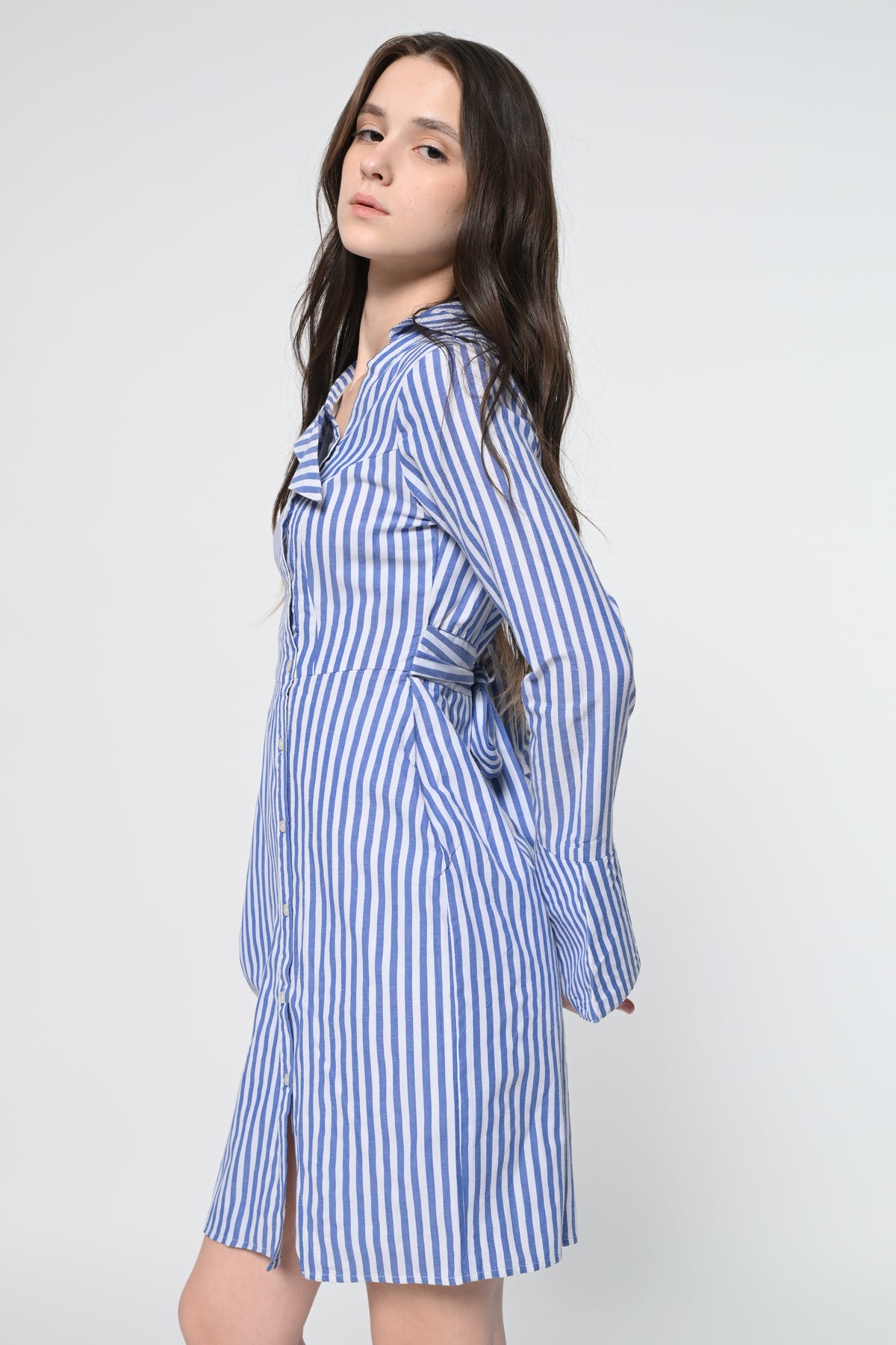 Asymmetric Collar Striped Shirt Dress