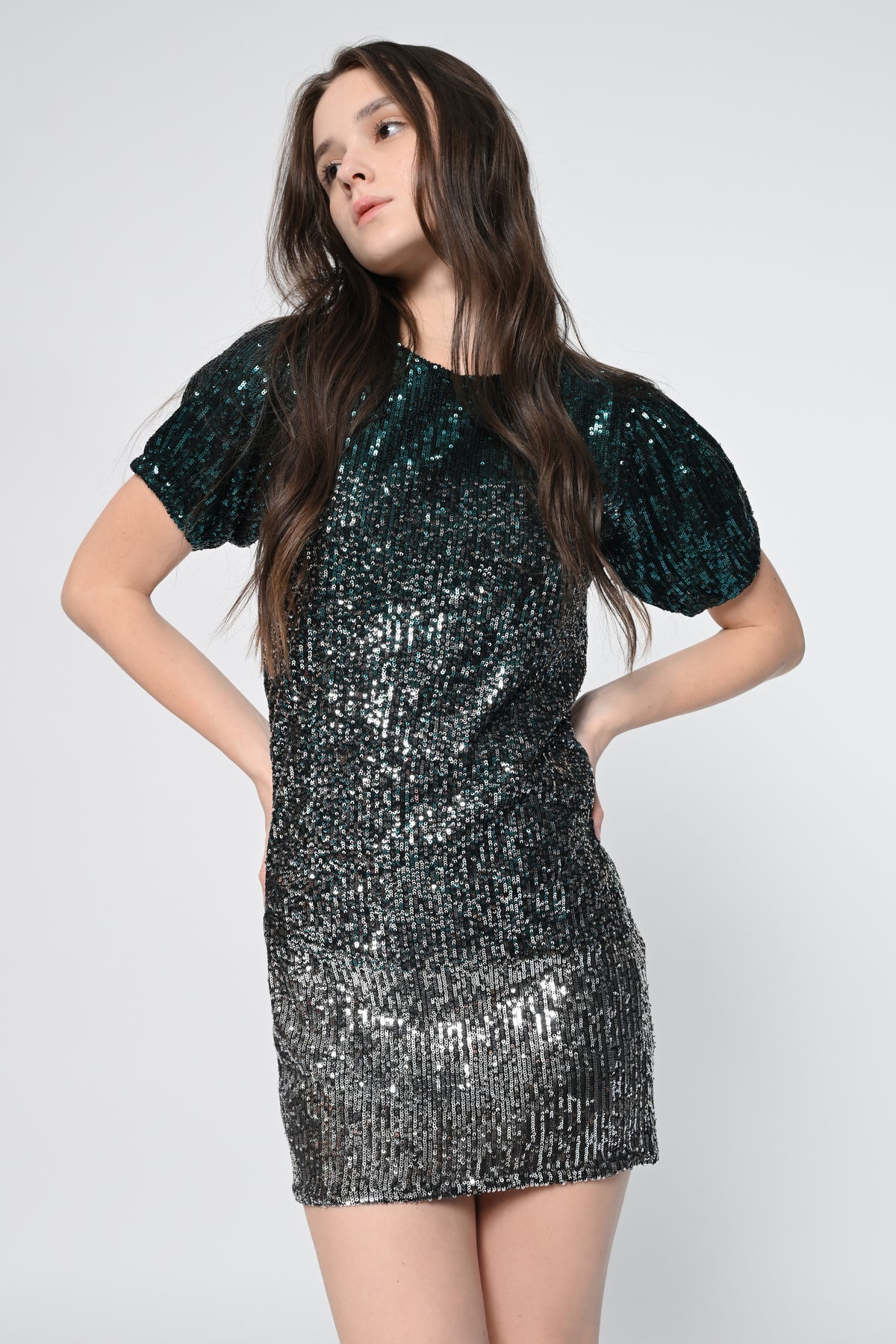 Black Sequins Puff Sleeve Mini Dress