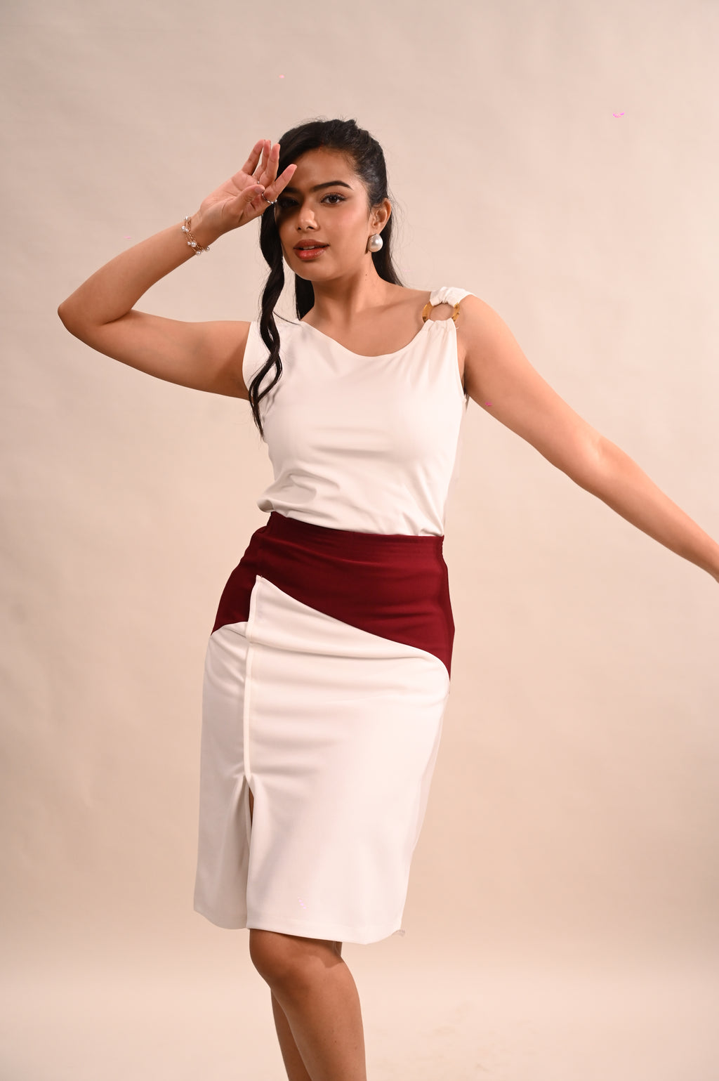 White Maroon Slit Skirt