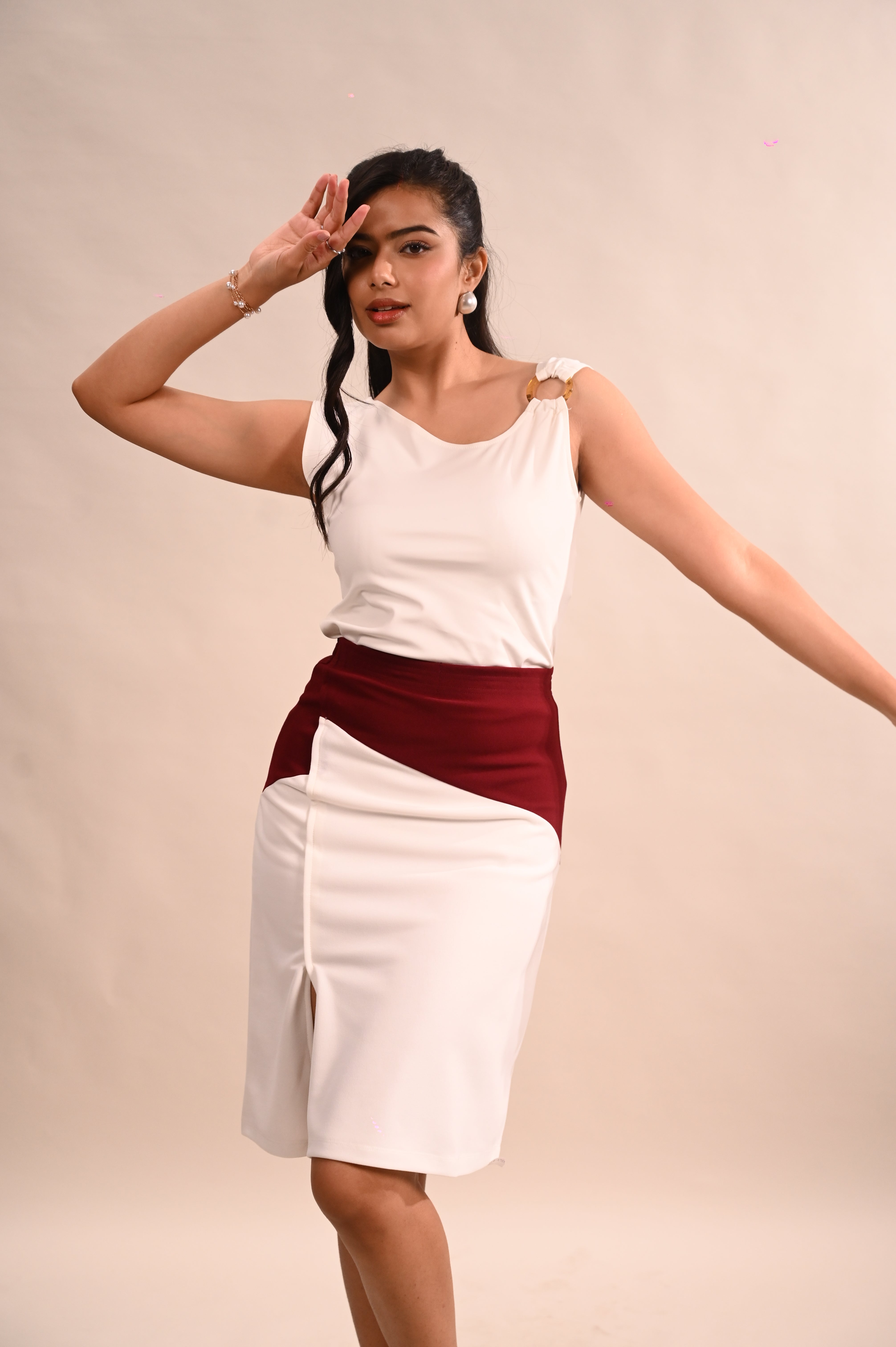 White Maroon Slit Skirt