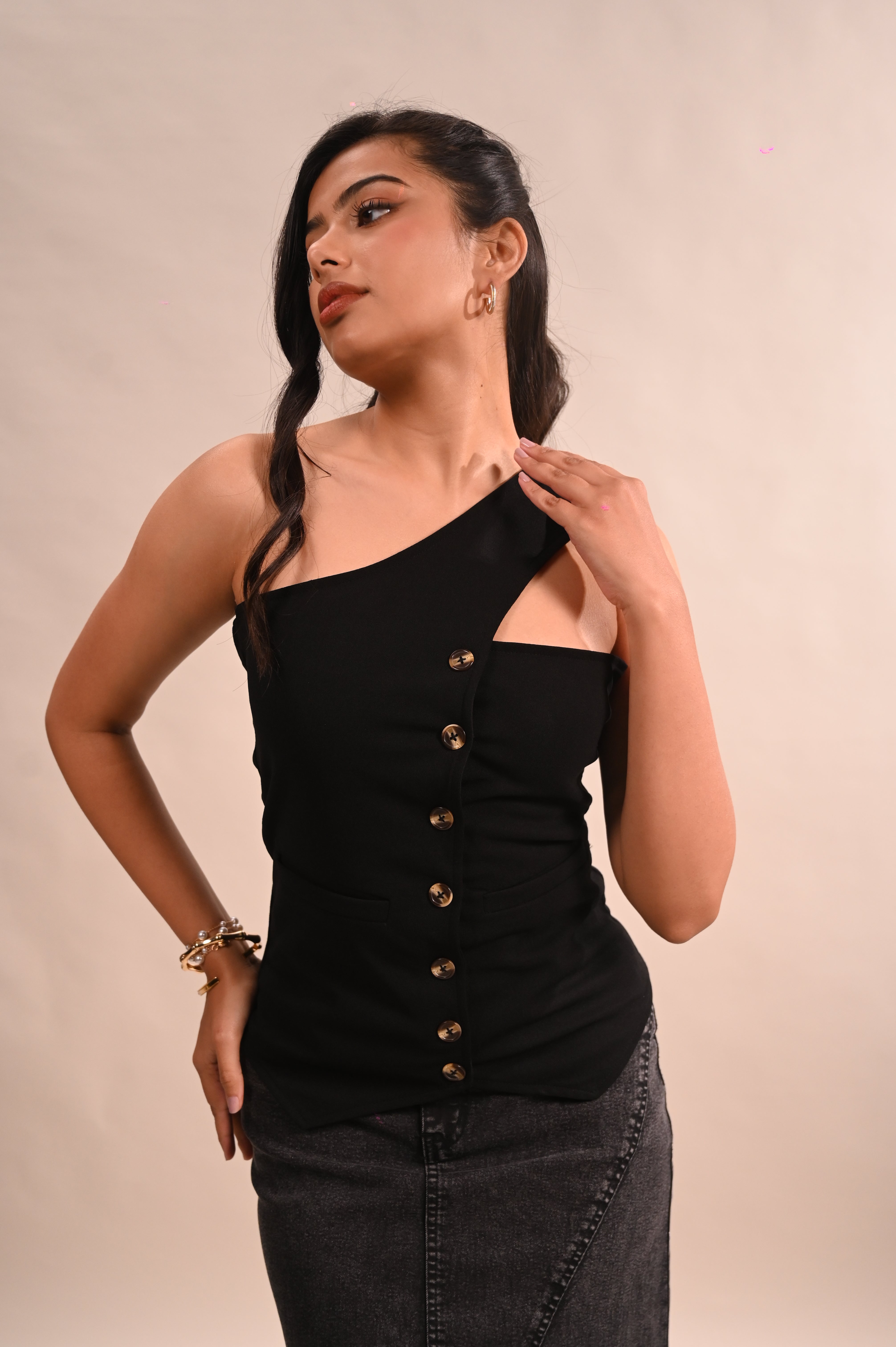 Black Button Top With Tie