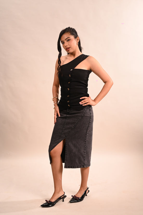 Grey Denim Pencil Maxi Skirt