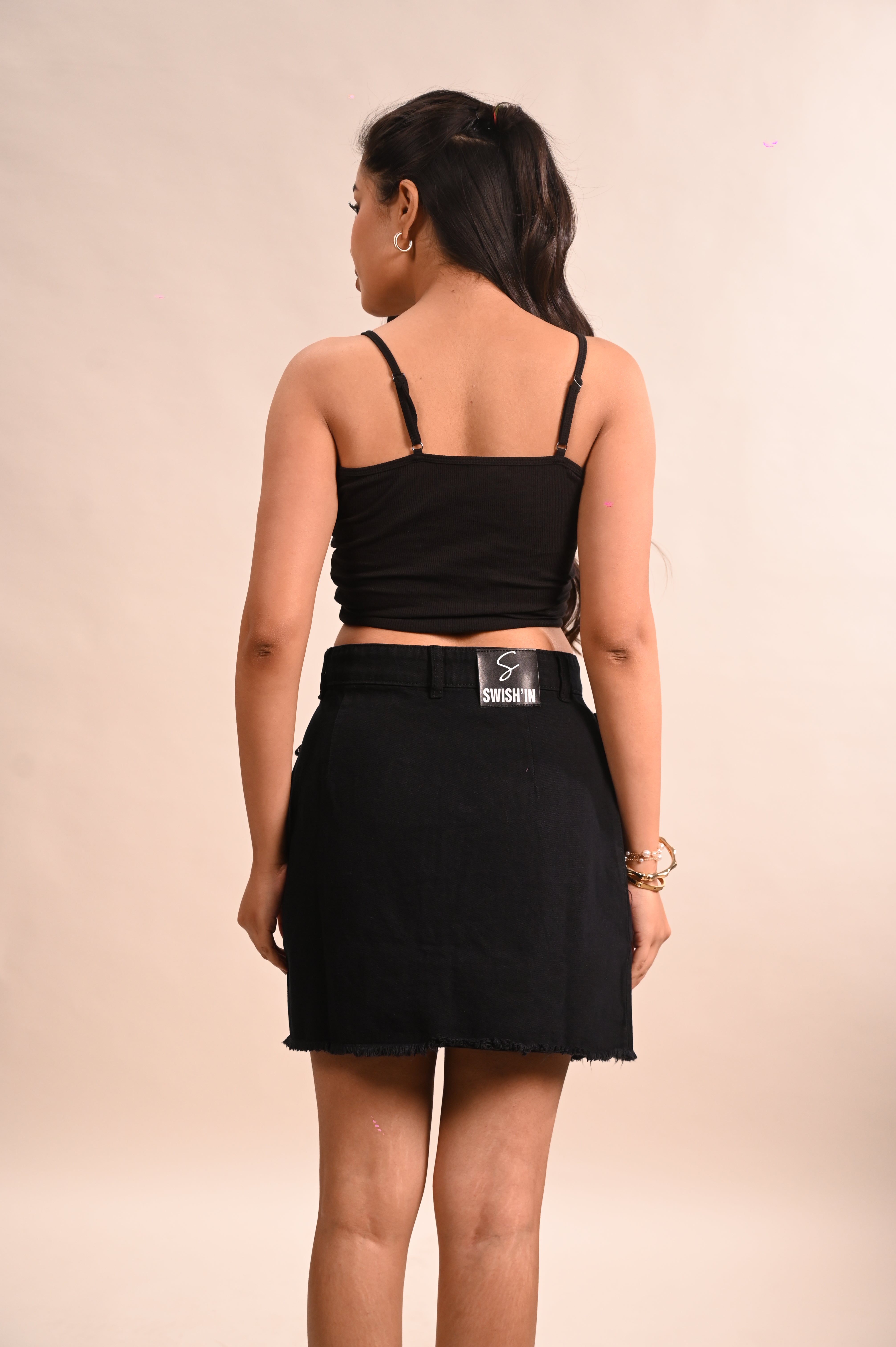 Front Button Rugged Black Mini Skirt