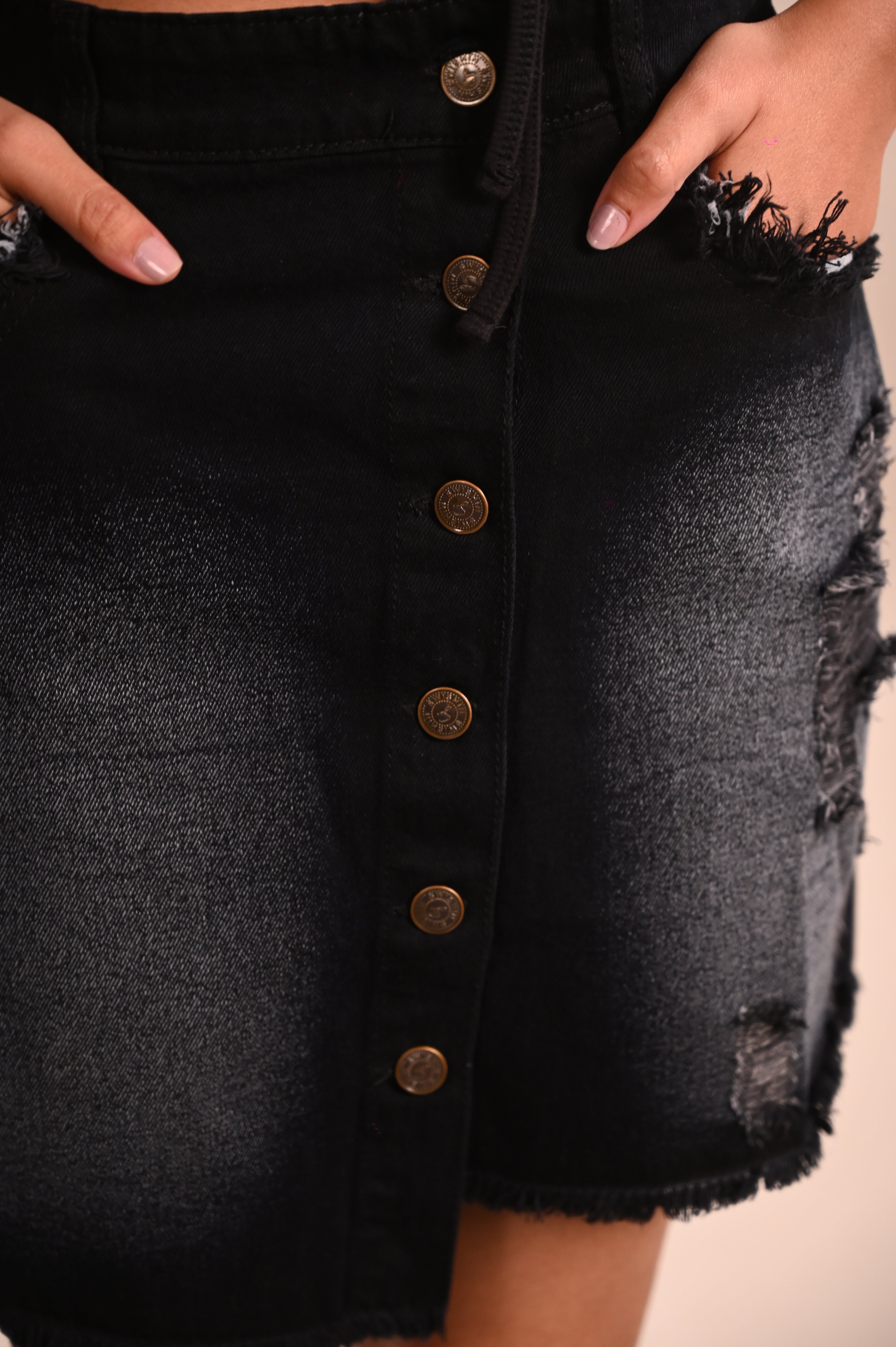 Front Button Rugged Black Mini Skirt