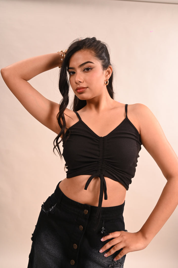 Black Rib Front Rouched Top